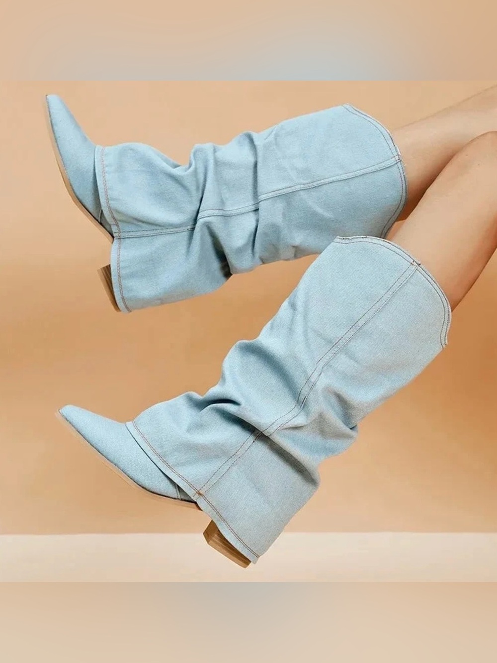 New Denim Slouchy Pointed Toe Cowboy Boots